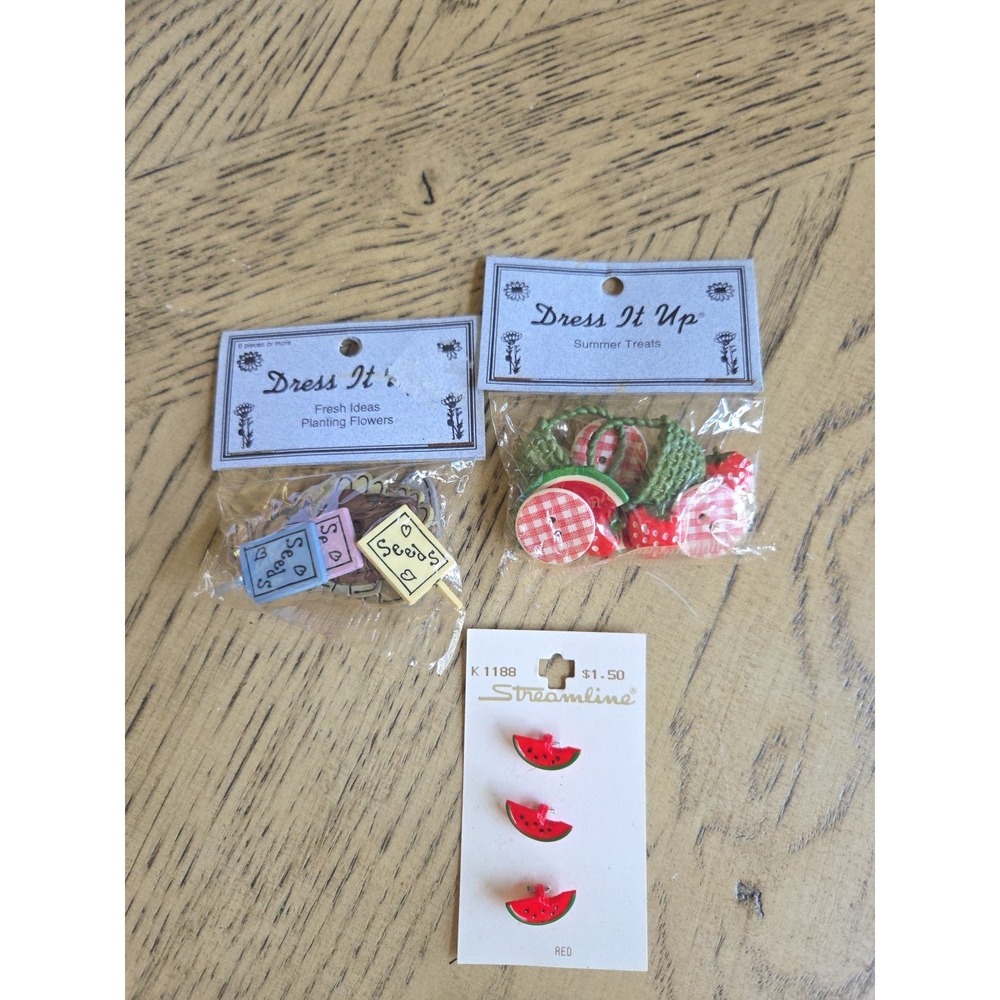 Vintage Buttons Dress It Up Buttons Summer Treats Watermelon Flowers NOS Plants